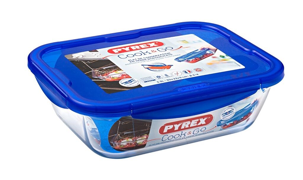 

Стеклянные прямоугольные тарелки с крышкой Pyrex Cook & Go 20x15см, синий