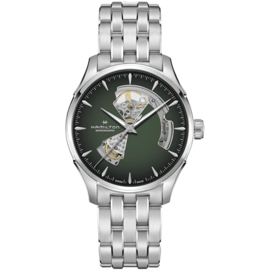 

Hamilton Jazzmaster Open Heart Автоматические стальные мужские часы с зеленым циферблатом H32675160
