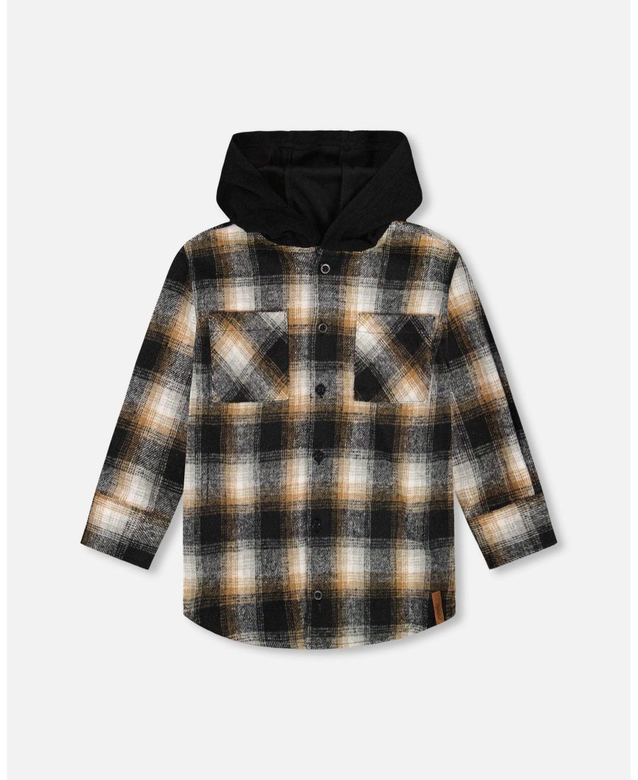 

Детская флисовая толстовка с капюшоном, черно-коричневая клетка - для малышей/детей Deux par Deux, Black and brown plaid