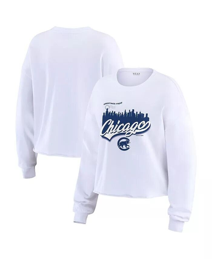 

Женская белая футболка с длинным рукавом с надписью Chicago Cubs Domestic Postcard WEAR by Erin Andrews