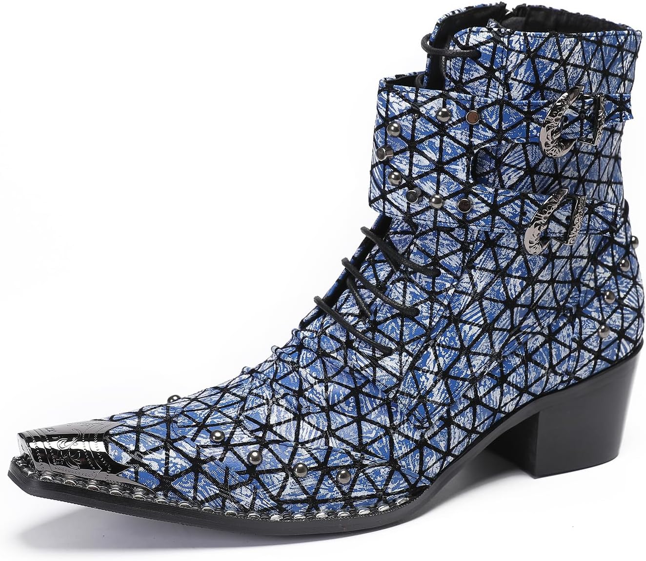 

Мужские ковбойские ботинки Santimon из натуральной кожи - западные нарядные ботинки с синим клетчатым узором и металлическим носком «вингтип»