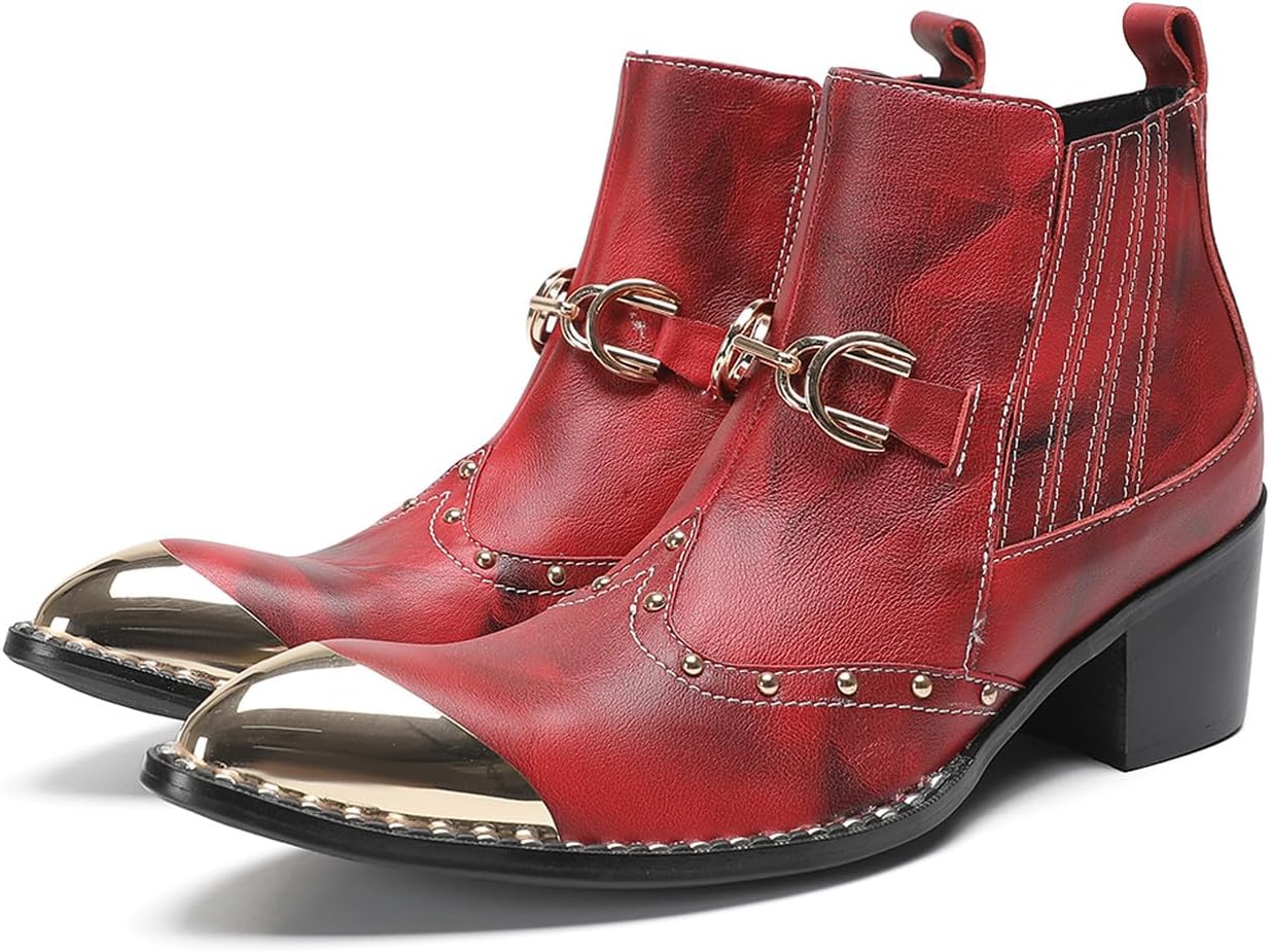 

Мужские ковбойские ботинки Chelsea Santimon с принтом змеи и кожей - металлический заостренный носок, пряжка Horsebit, заклепки на молнии на щиколотке, западные ботинки, каблук 5 см, модная обувь в стиле рок и родео, красный