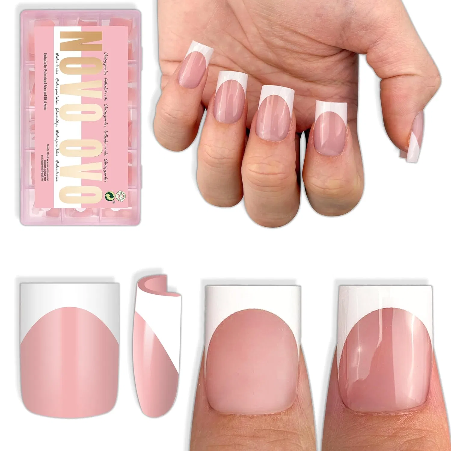 Накладные ногти «Short Sharp Square White French Tip» от NOVO OVO (240 шт.) Novo Ovo, Short Sharp Square Nail Tips White French Tip Baby Pink_Eu