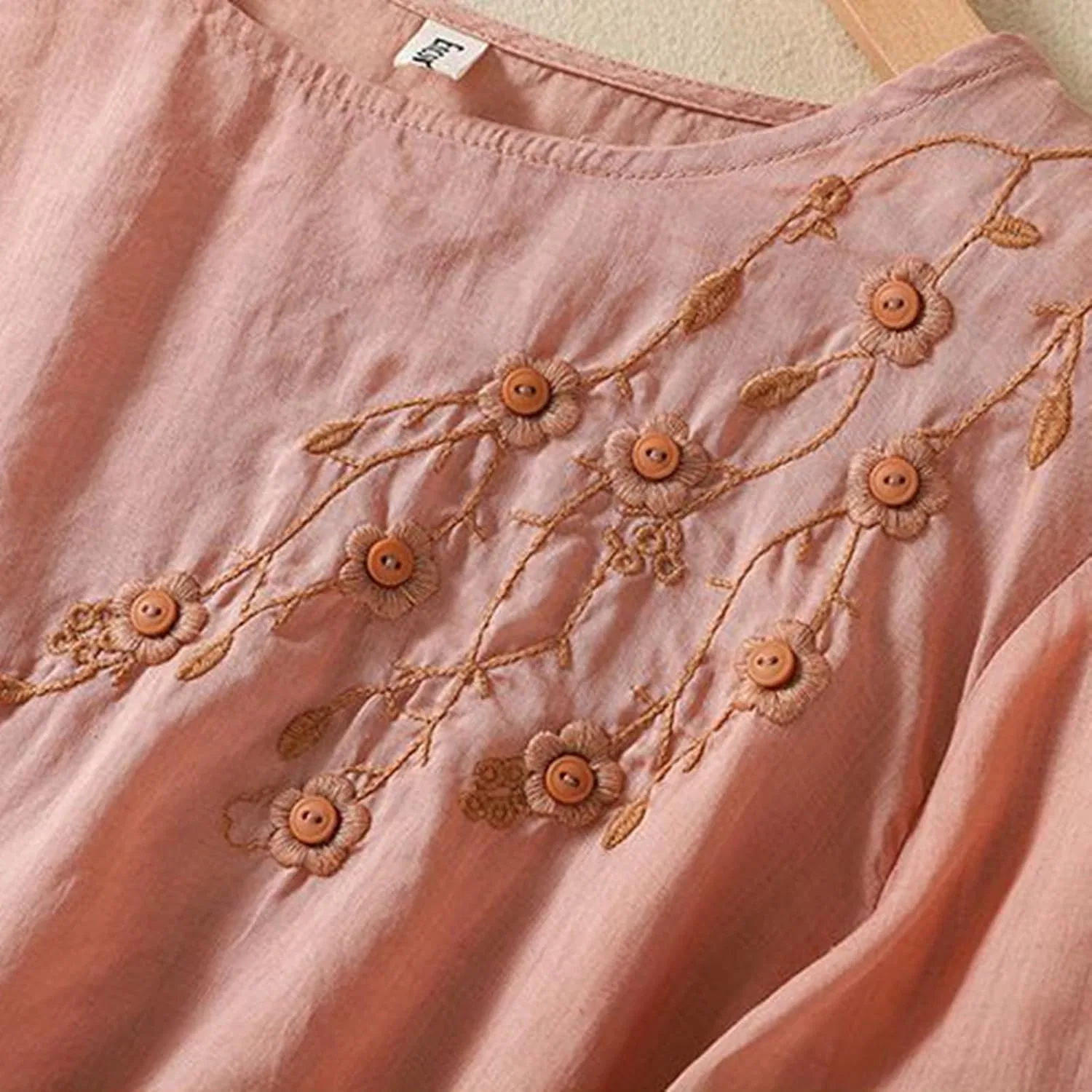 Женская льняная блуза свободного кроя, длинный рукав, с вышивкой, Pink — фото 2