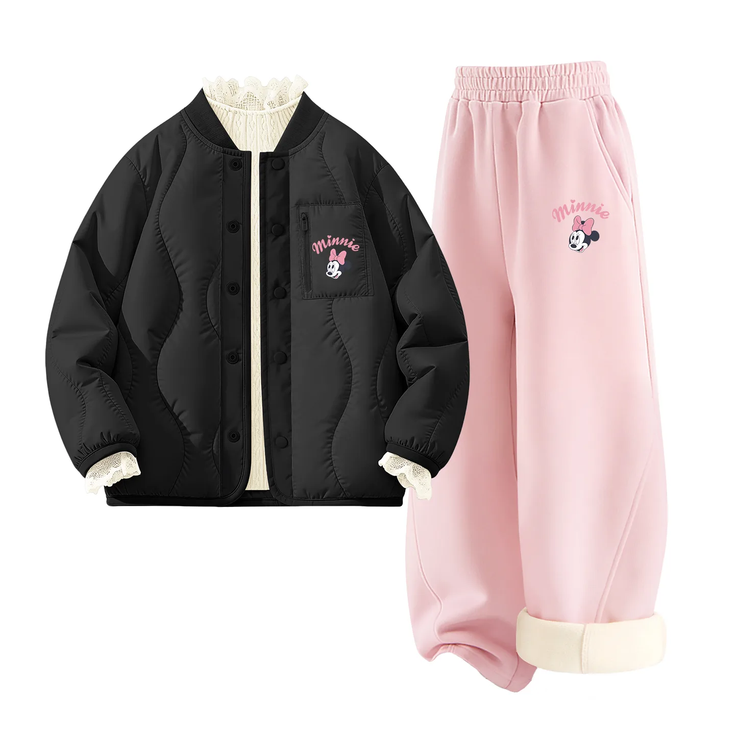 Детская повседневная спортивная футболка с круглым вырезом Disney, [Thickened and Fleece-Lined Three-Piece Set]Silicone Di-Lift K Black+Di-Lift K Lotus Pink+Solid Color Ecru