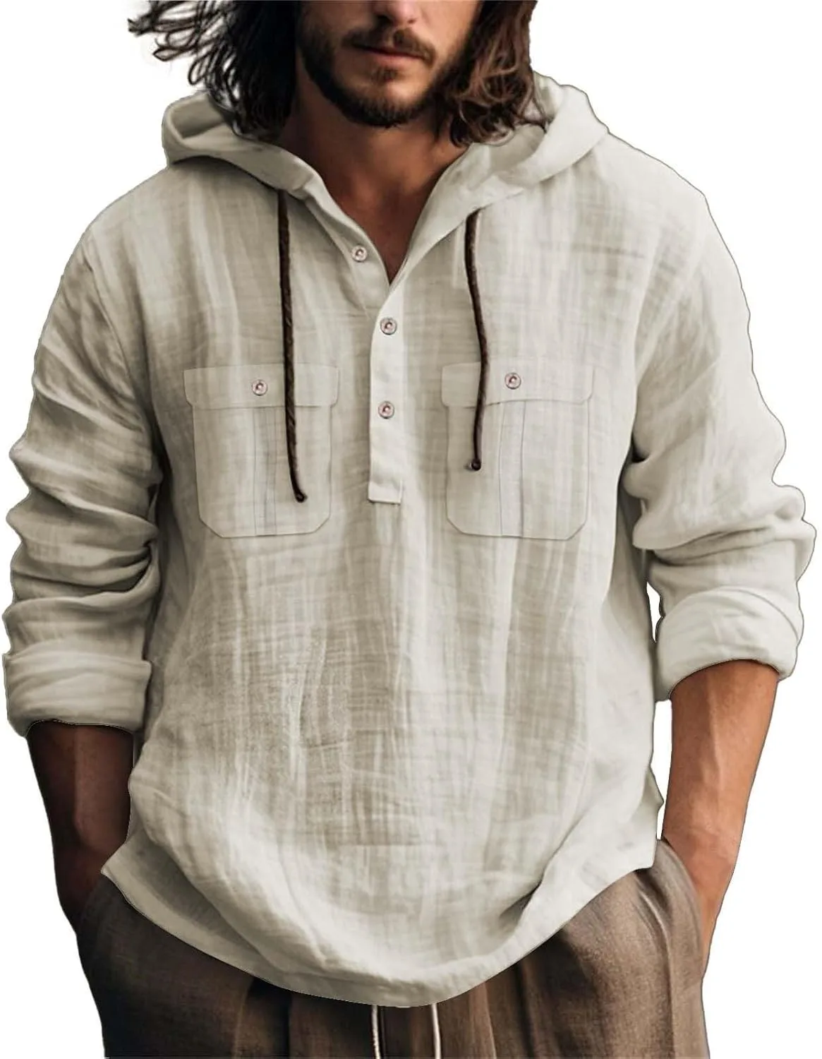 

Льняная рубашка для мужчин с капюшоном и кулиской