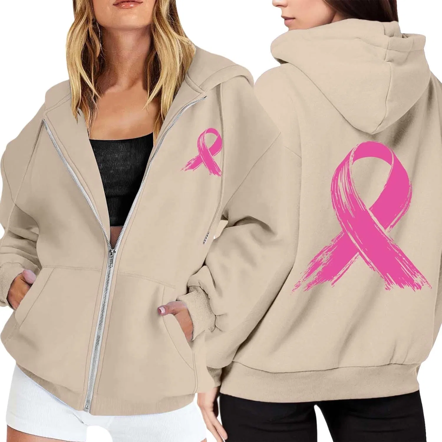 Худи женское с принтом Breast Cancer Awareness, на молнии, с карманами, Khaki 5