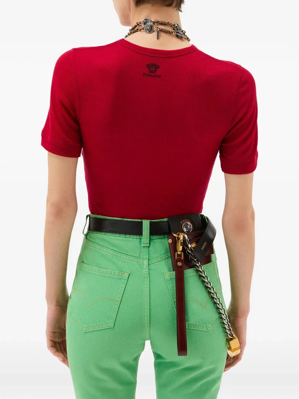 Приталенный топ из смеси шелка и нейлона с круглым вырезом Versace, Red — фото 3