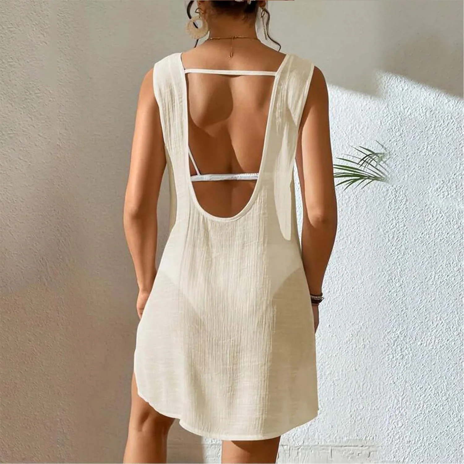 Женское летнее повседневное свободное платье без рукавов с круглым вырезом и открытой спиной, пляжное струящееся платье миди, однотонное бикини-накидка для купальника Generic, бежевый — фото 4