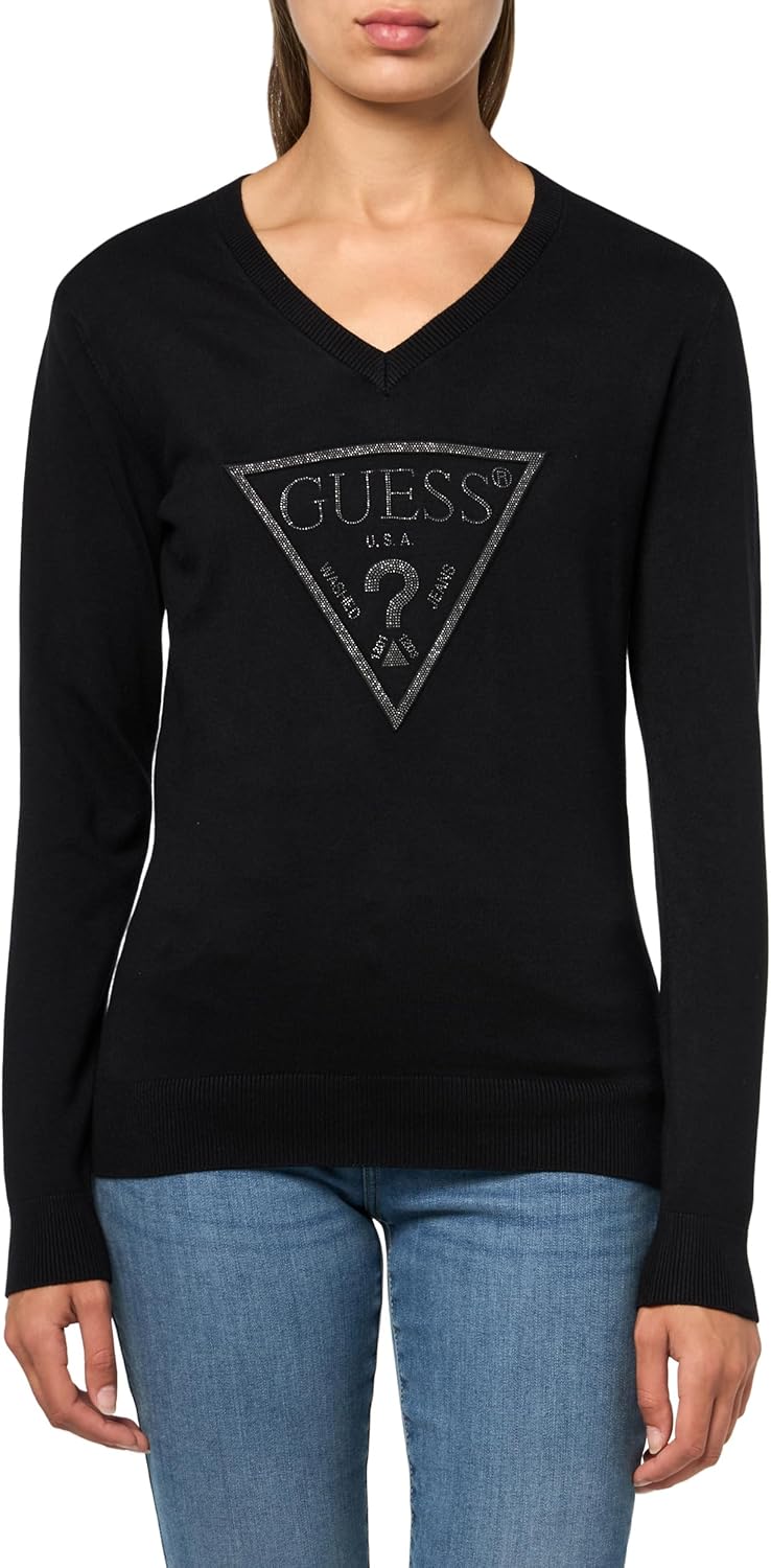 

GUESS Женский экологичный свитер с длинным рукавом Miriam Triangle Logo, Jet Black