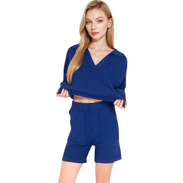 

Женский текстурированный лонгслив с воротником и шорты Anna-Kaci, Navy