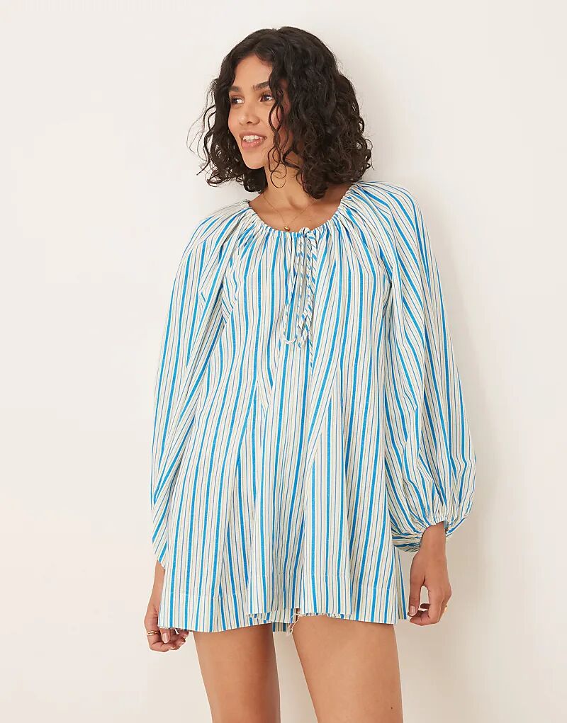 

Мини-платье ASOS DESIGN в полоску с овальным вырезом и объемными рукавами