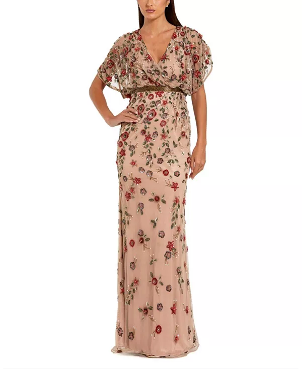 

Платье-Блузон с короткими рукавами, украшенное цветочным узором Mac Duggal, розовый