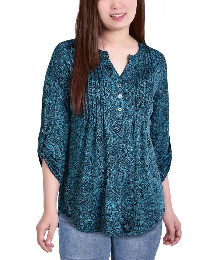 

Жаккардовый топ Petite с защипами и защипами на рукавах 3/4 NY Collection, зеленый