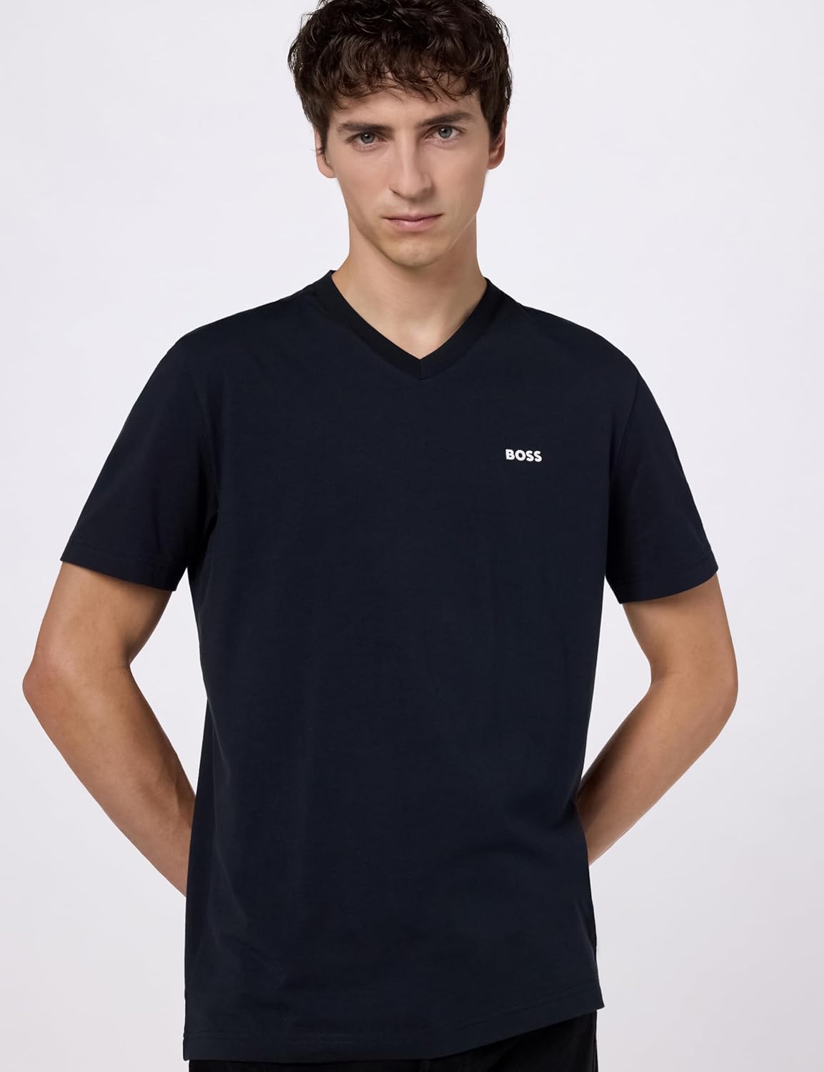 Мужская хлопковая футболка BOSS с коротким рукавом и V-образным вырезом, Crisp Navy — фото 3