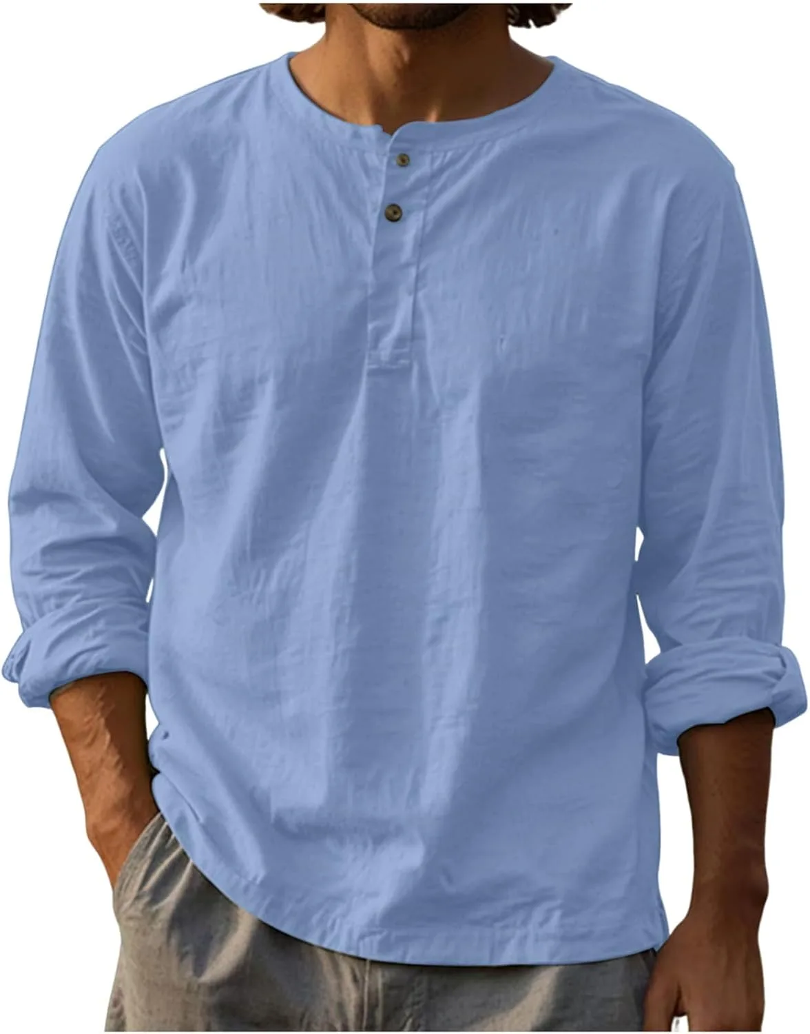 

Мужская льняная рубашка с длинным рукавом Henley Xiaojmake