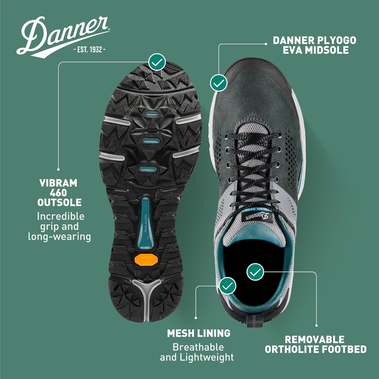 Мужские туристические ботинки Danner Trail 2650 - прочная замша, легкий текстиль с дышащей сетчатой подкладкой, стелька Ortholite и подошва Vibram для сцепления, синий/угольный — фото 4