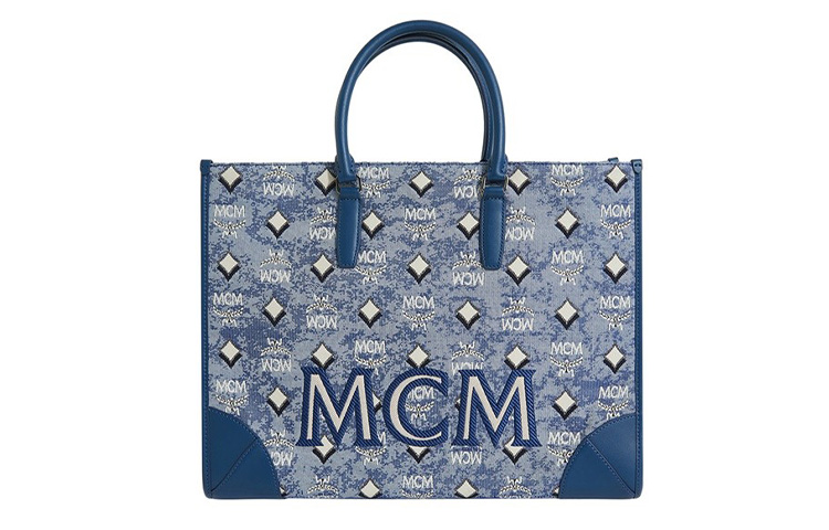 

MCM Сумка-шоппер, большая женская сумка из кожи наппа и жаккардовой ткани, синяя