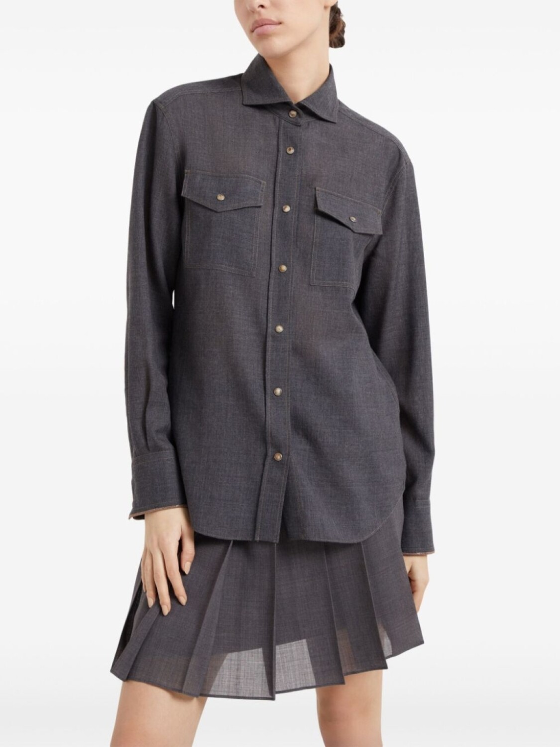 Brunello Cucinelli рубашка из вирджинской шерсти с декором Monili, серый — фото 3