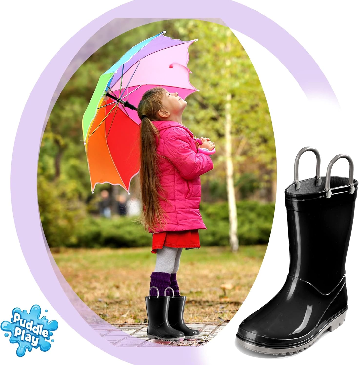 Водонепроницаемые ПВХ сандалии Puddle Play для малышей и детей с ручками для легкого надевания - легкие противоскользящие сапоги для мальчиков и девочек, черный/серый — фото 3