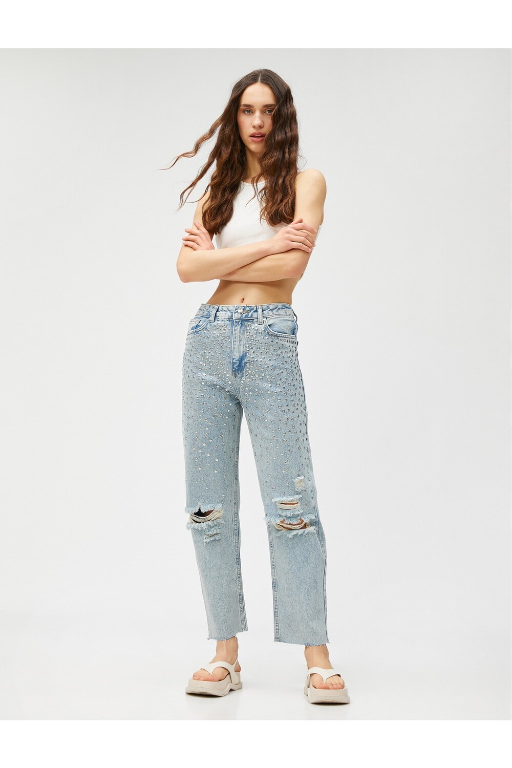 

Джинсовые брюки с высокой талией, прямые брюки с каменной вышивкой - Eve Jeans Koton, синий