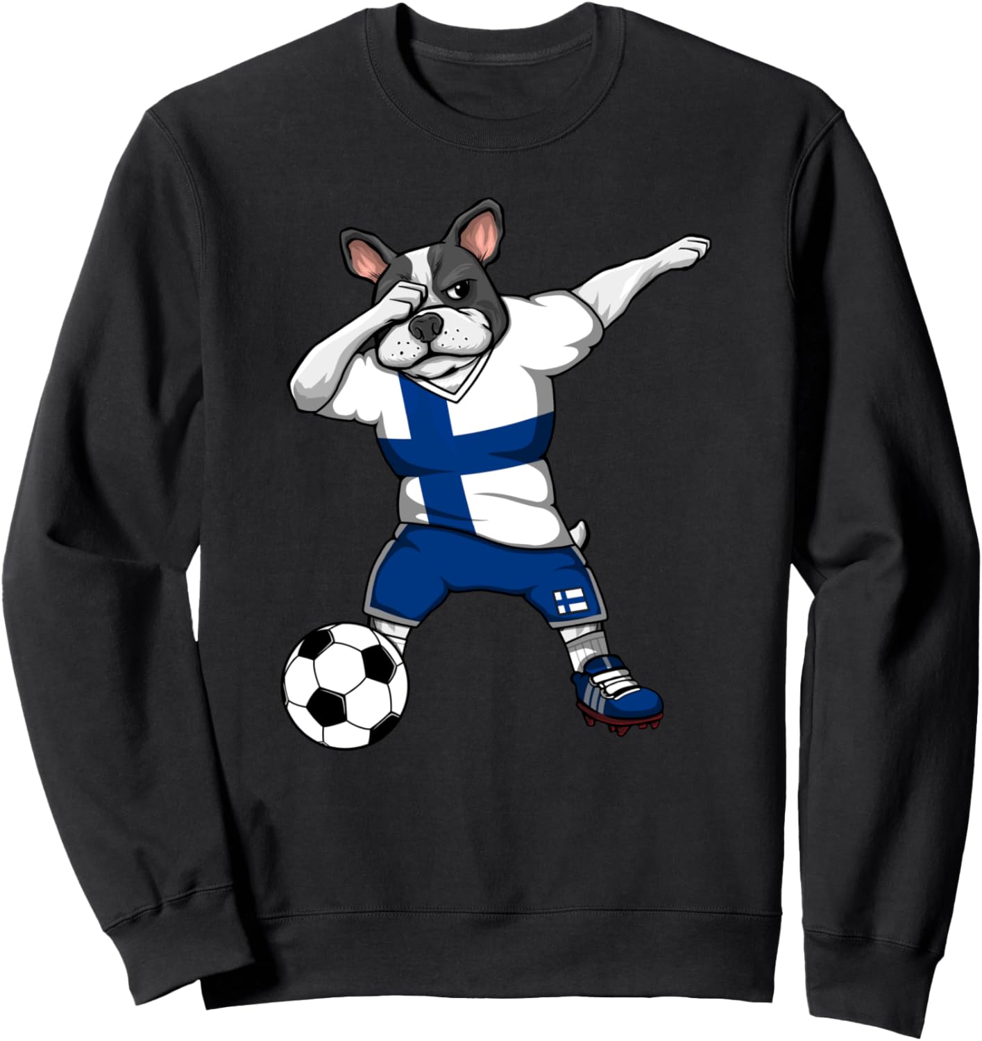 

Танцующий французский бульдог, толстовка для финских футбольных болельщиков, финский флаг, толстовка с изображением собаки, делающей даб Teeisle Finland Football, черный