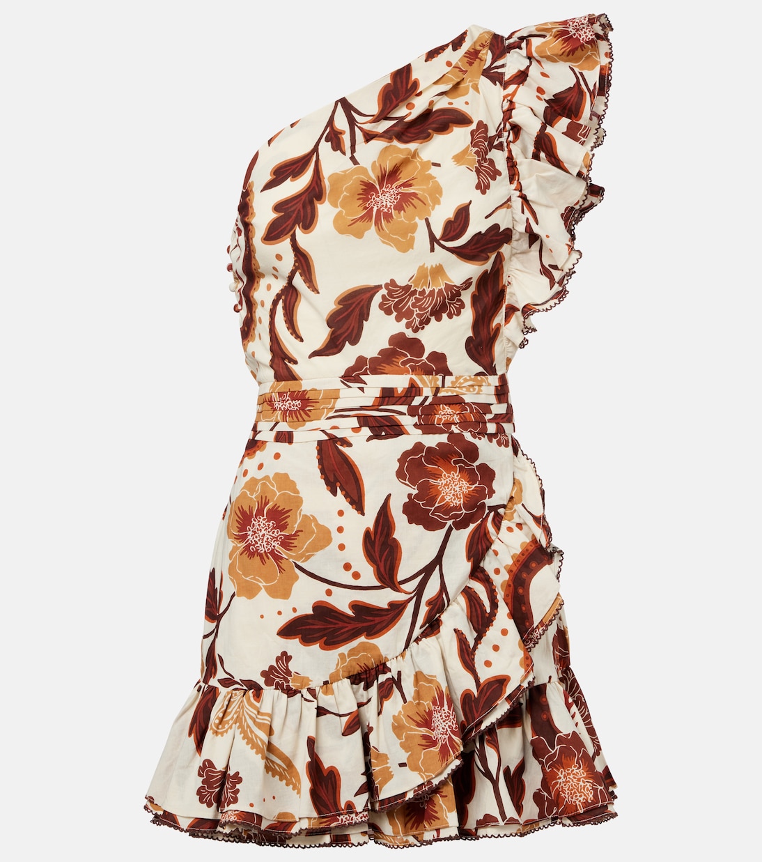 

Короткое платье из хлопка с цветочным принтом и рюшами Corinne Poupette St Barth, White Brown Abha