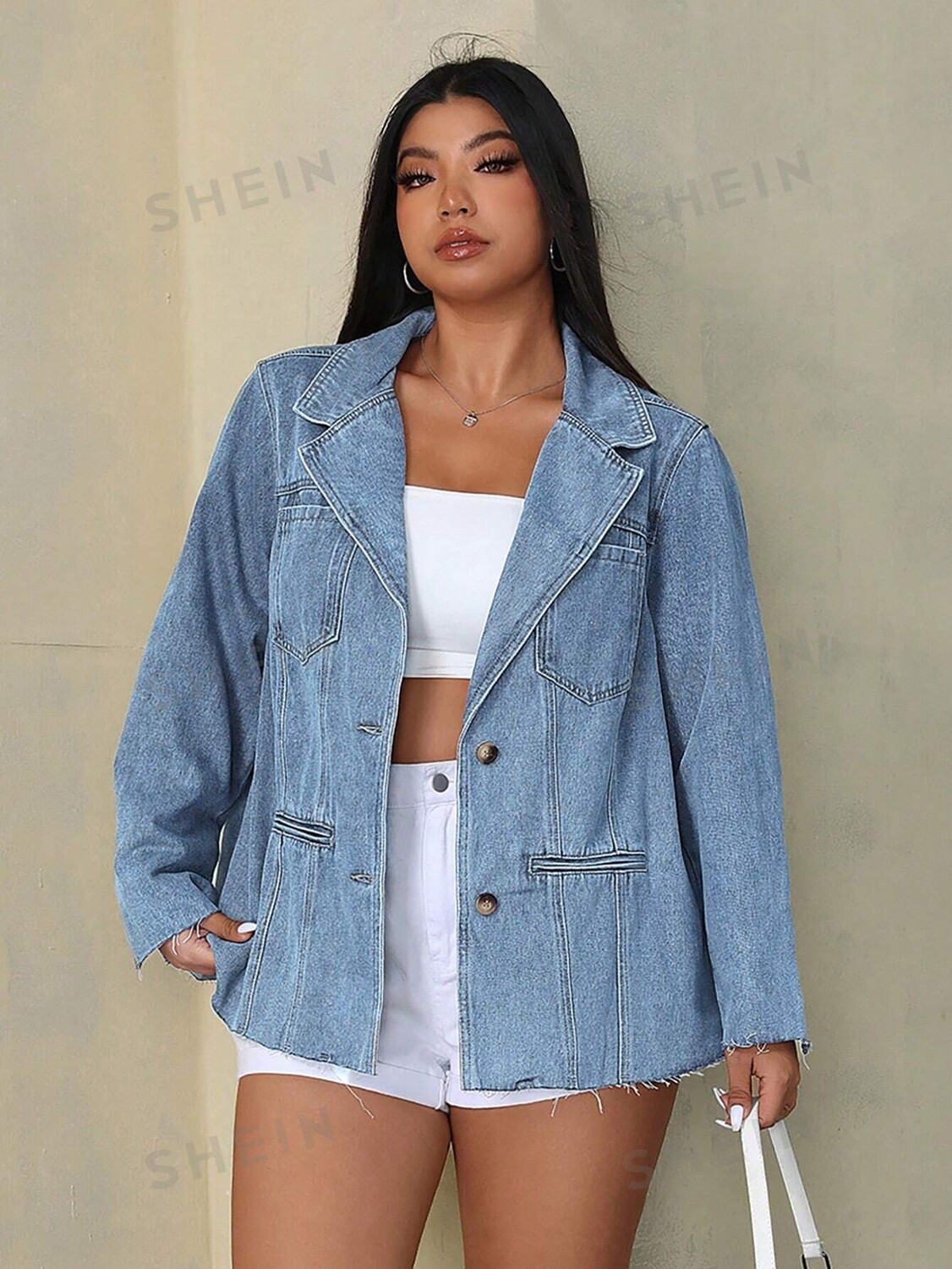 

Джинсовая куртка EZwear, большой размер, весна и осень Shein, синий
