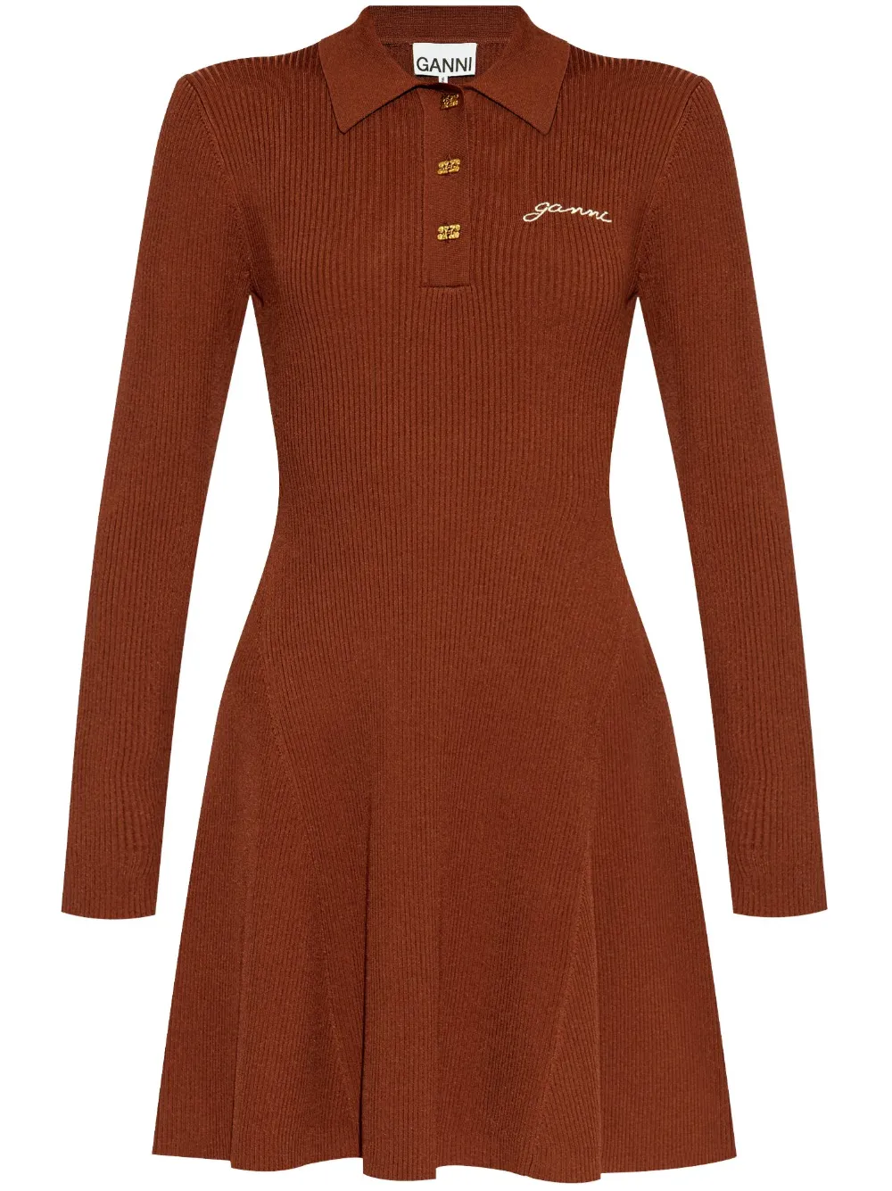 

Платье поло с вышитым логотипом GANNI, коричневый
