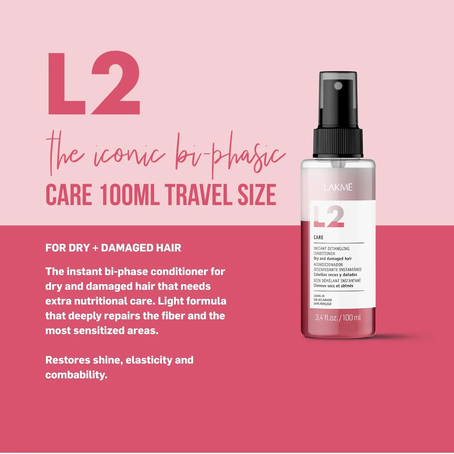 Двухфазный кондиционер Lakmé L2 Care, спрей для распутывания волос, несмываемый кондиционер-спрей для сухих и поврежденных волос. 100 мл — фото 2