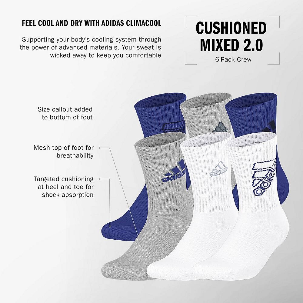 Комплект носков adidas Cushioned Mixed 2.0 для мальчиков, 6 пар носков Crew Adidas, белый — фото 2