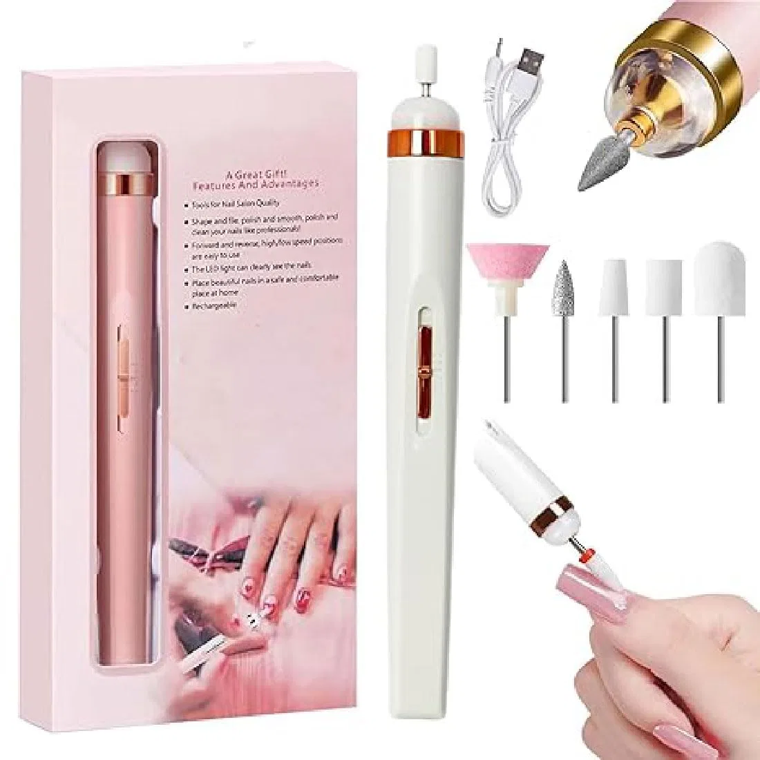 Электрический набор для маникюра Glamics 5-в-1 Gushe, White