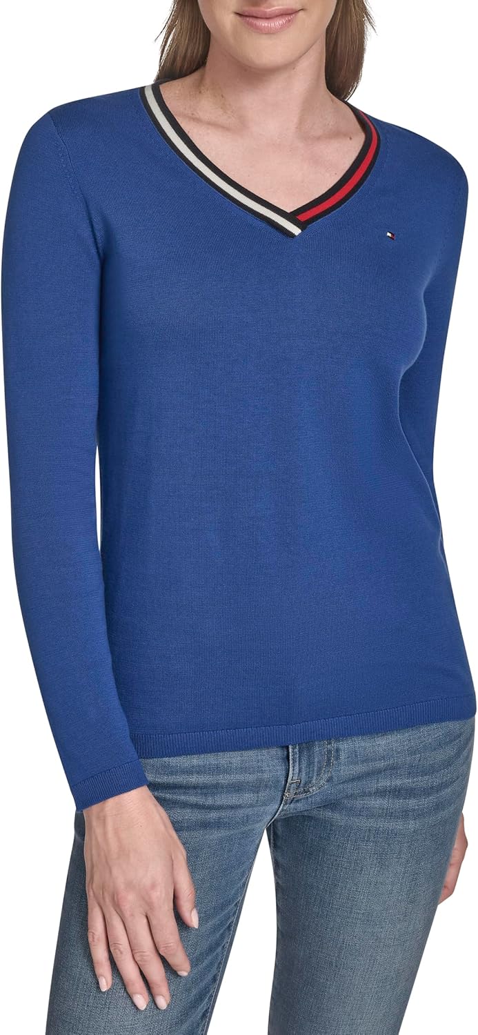 

Женский однотонный хлопковый свитер Tommy Hilfiger с длинными рукавами и V-образным вырезом, True Blue Multi