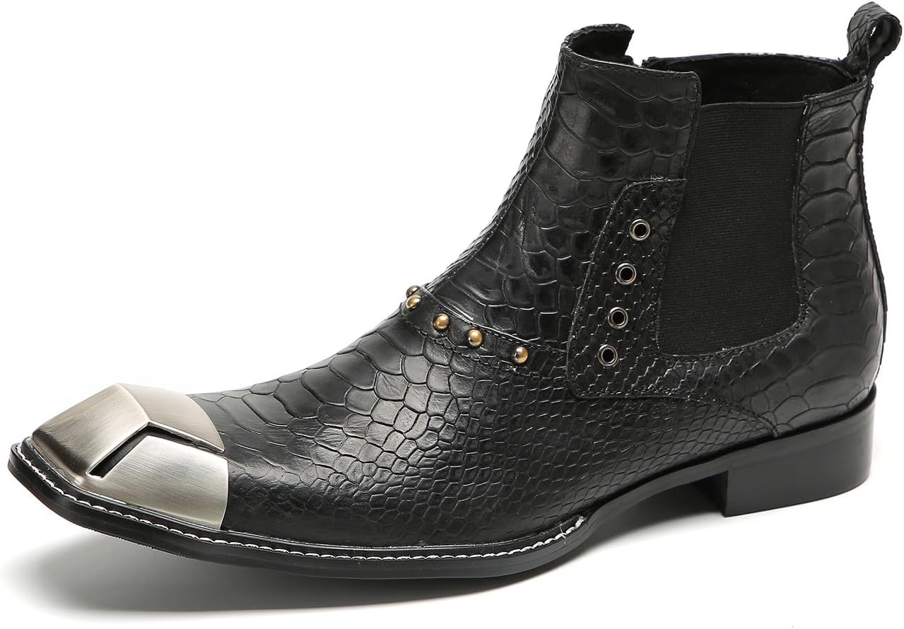 

Мужские ботинки Santimon Chelsea из натуральной кожи - вечерние ботинки в западном стиле с металлическим квадратным носком, текстурой под змею и молнией, для рок-концертов, вечеринок, сцены и ночного выхода, черный