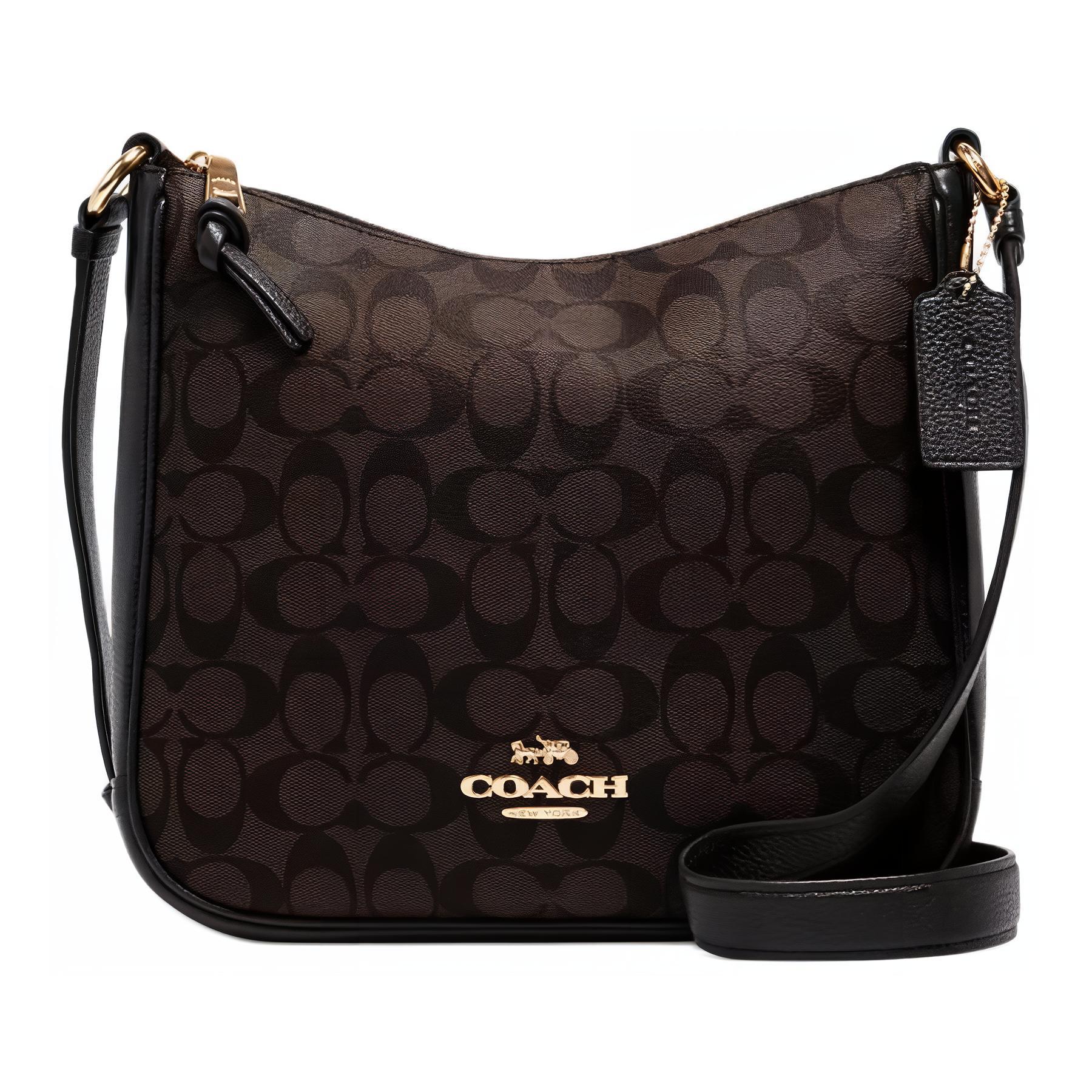 

COACH Элли холщовая сумка с гладкой кожаной отделкой через плечо средний размер женская золотистая коричневая черная