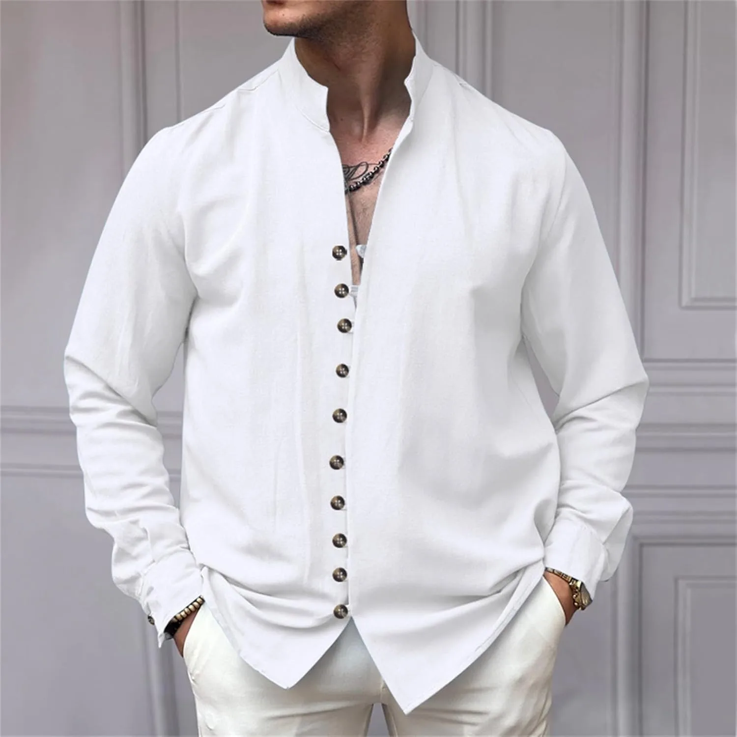 Мужская рубашка с длинным рукавом на пуговицах Regular Fit Casual с отложным воротником Oxford легкая из шамбре Generic, белый — фото 2