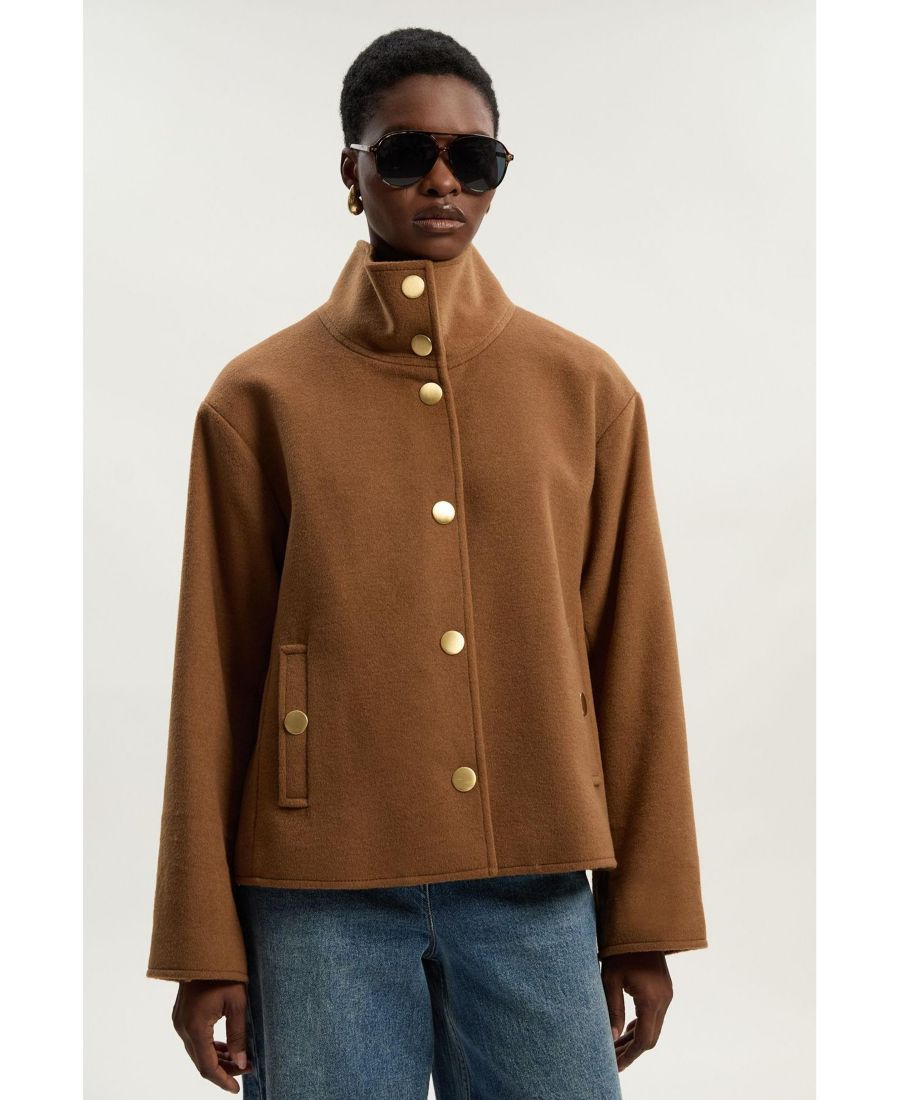 

Женское короткое пальто из ворсистой шерсти с воротником-стойкой Karen Millen, Camel