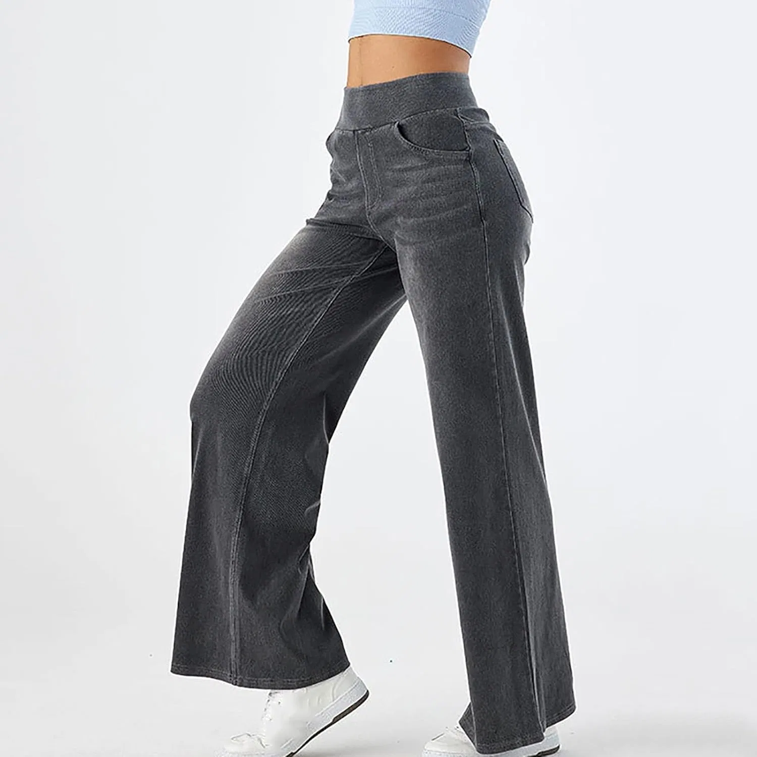 Джинсы, свободные, прямые, с высокой талией, серые — фото 4