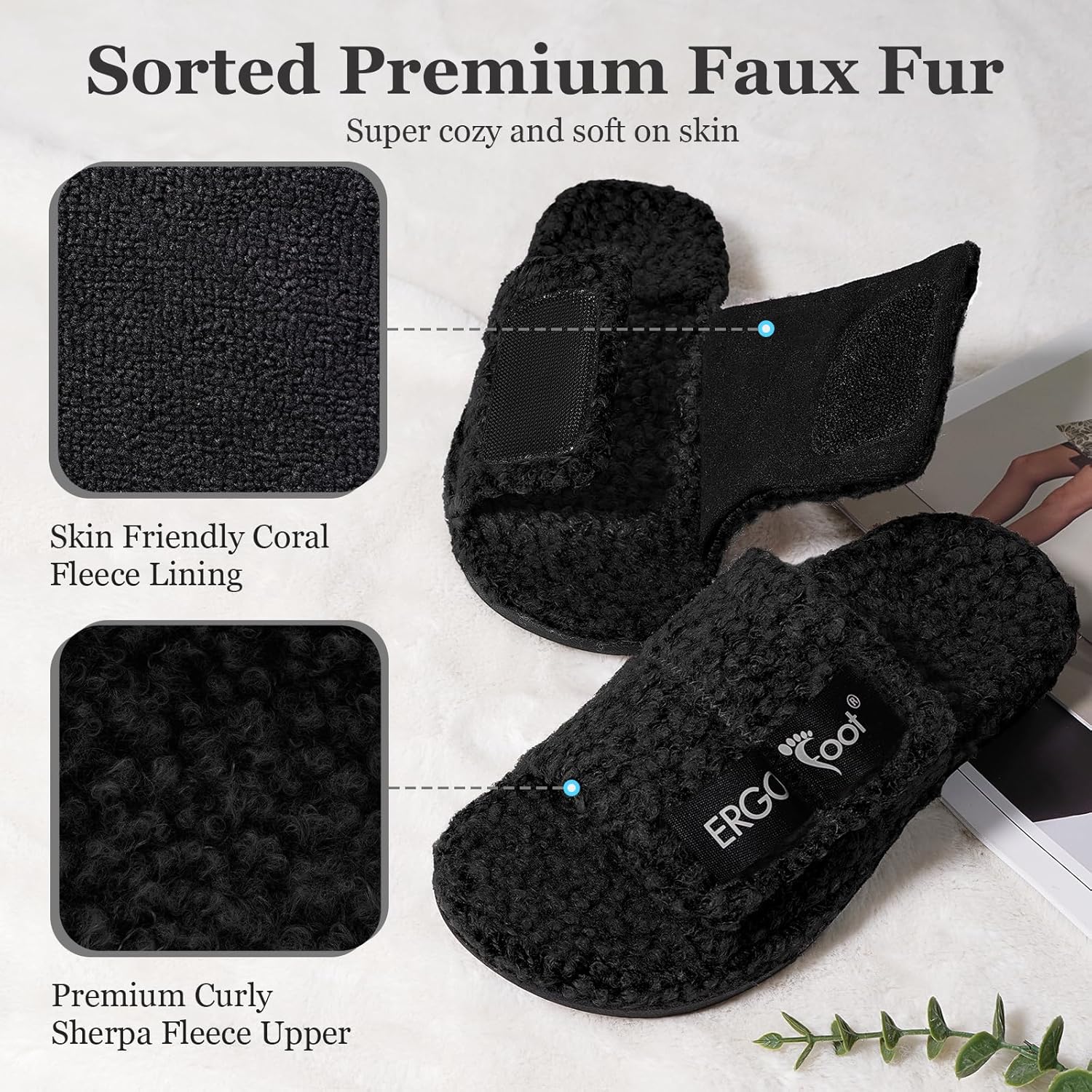 Тапочки ERGOfoot Fuzzy для дома с поддержкой свода стопы для женщин и мужчин, ортопедические шлепанцы при подошвенном фасците, открытый носок, для дома с регулируемыми ремешками, облегчение боли в ногах, черный — фото 4