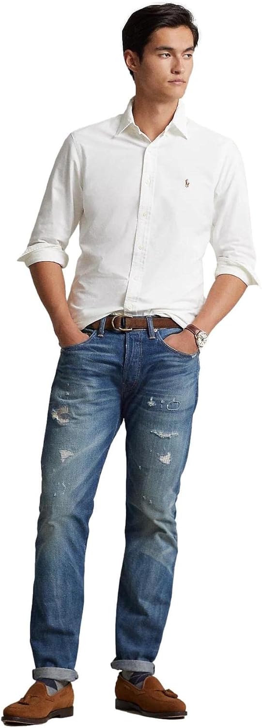 POLO RALPH LAUREN Мужская классическая клетчатая оксфордская рабочая рубашка с длинным рукавом, Basic White — фото 3