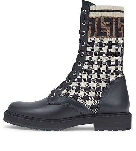 (WMNS) Черные кожаные байкерские ботинки FENDI с эластичной тканью, цвет «Черный белый»