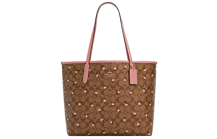 

COACH Сумка-шоппер City Canvas с кожаной сумкой, сумка-шоппер, женская сумка через плечо цвета хаки с розовым цветком вишни