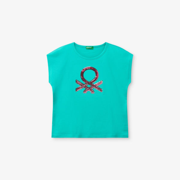 

Футболка из хлопкового джерси без рукавов с вышивкой пайетками 6-14 лет Benetton, синий
