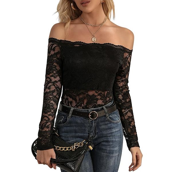 

Женская блузка с открытыми плечами и цветочным кружевом Yesfashion, Black