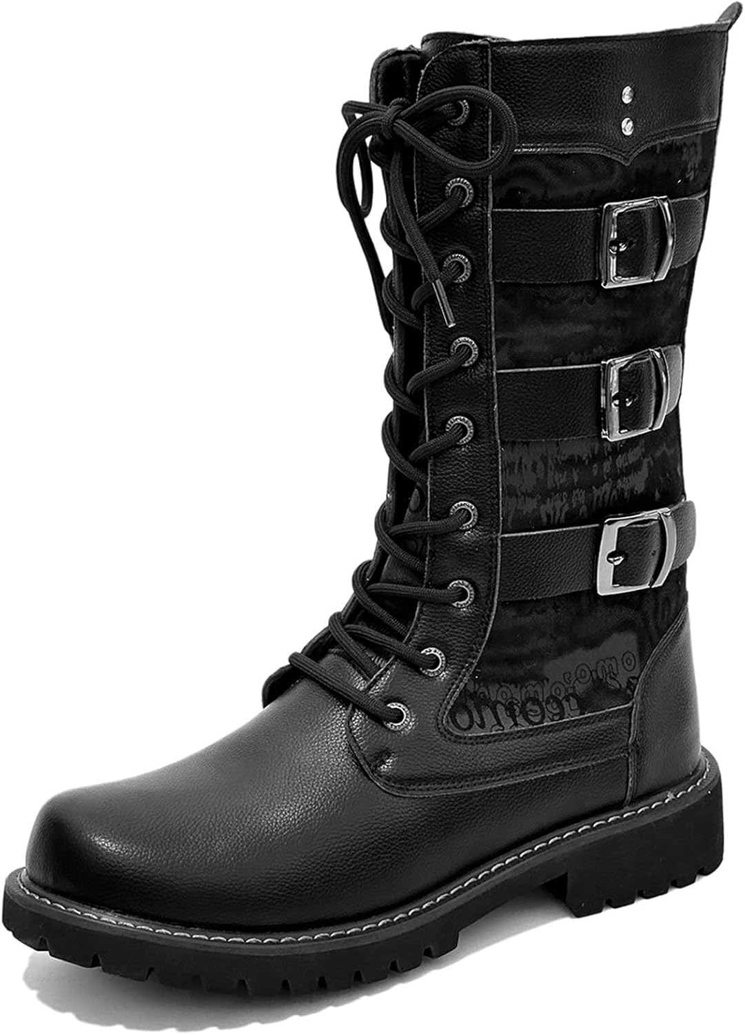 

Мужские черные кожаные платформенные боевые ботинки с ретро закругленным носком, несколькими пряжками, массивной ребристой подошвой, шнуровкой, мотоциклетные ботинки, удобные рабочие, для вечеринок, панк ботинки до щиколотки Ghibhna