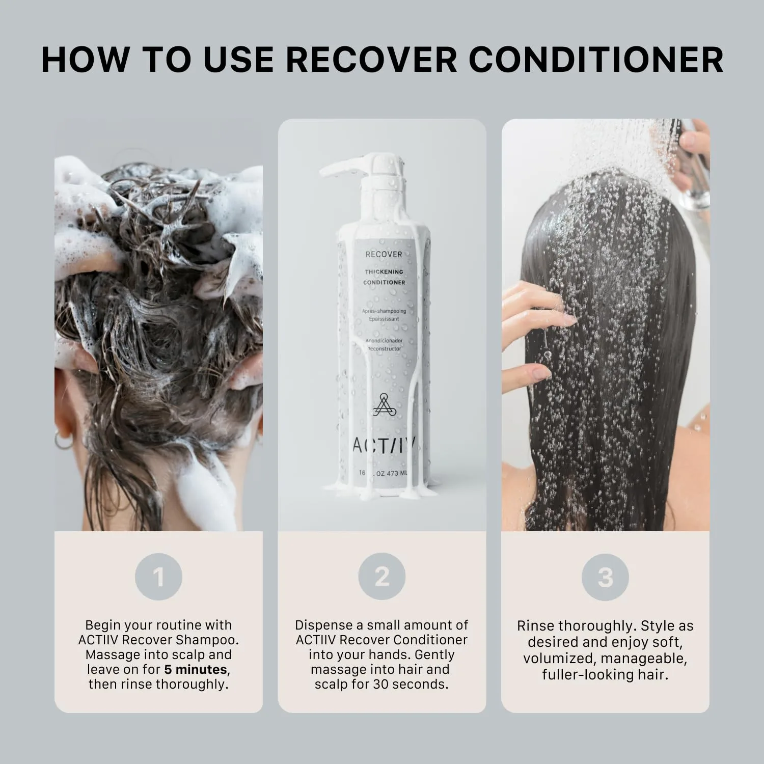 ACTIIV Recover Thickening Conditioner (Unisex) для оптимального ухода и восстановления волос, укрепляет и увлажняет, способствует увеличению объема, на растительной основе, безопасен для окрашенных волос, для всех типов волос 473 мл (1 шт.) — фото 4