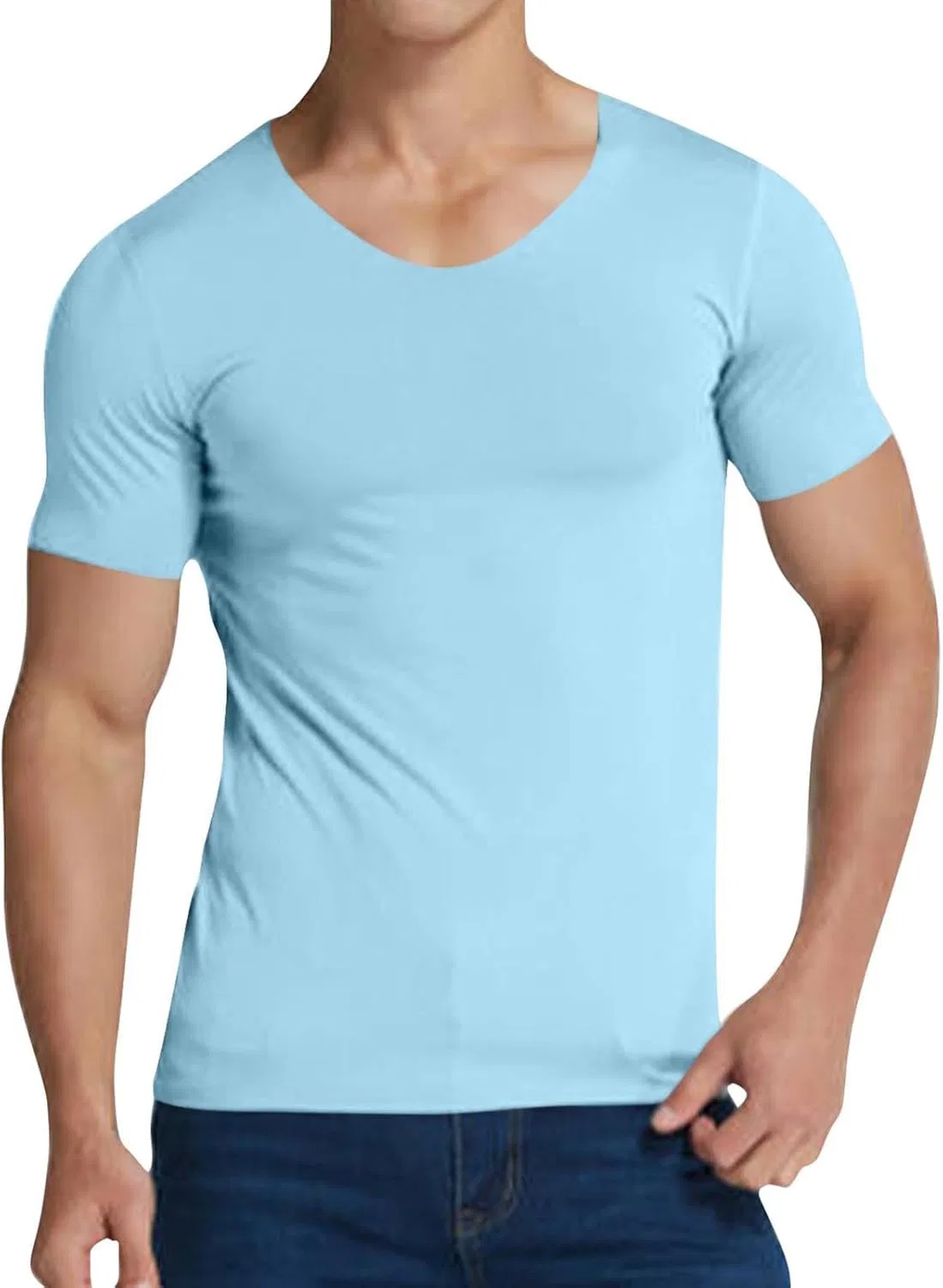 Футболка с V-образным вырезом, бесшовная, облегающая, Generic, Light Blue