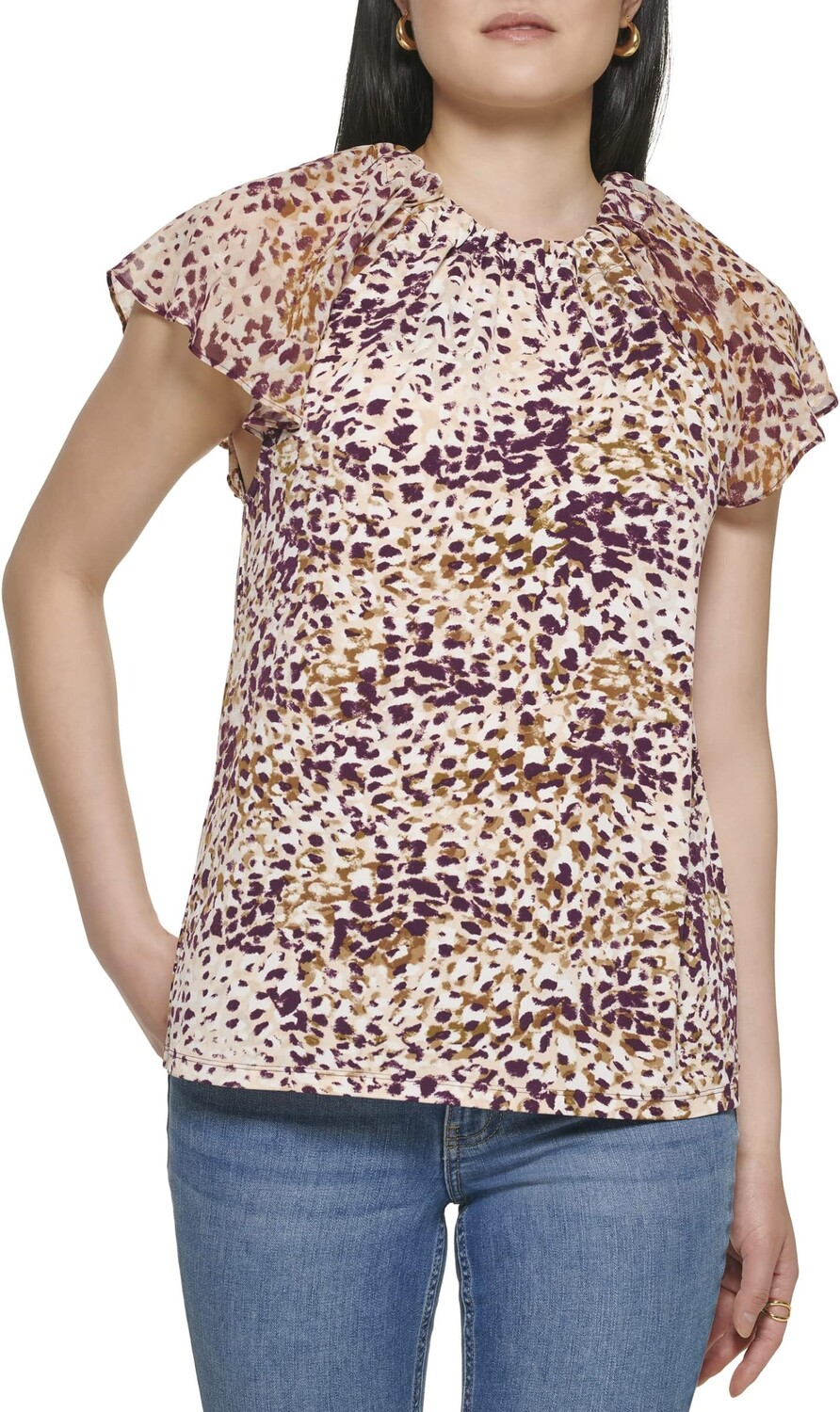 

Топ Calvin Klein Printed Ruffle Sleeve, цвет Khaki Combo