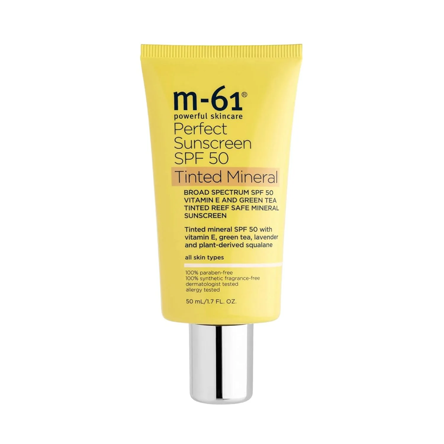 m-61 Perfect Mineral Sunscreen SPF 50 | Безопасный для коралловых рифов минеральный солнцезащитный крем SPF 50 с витамином Е и зеленым чаем, Tinted