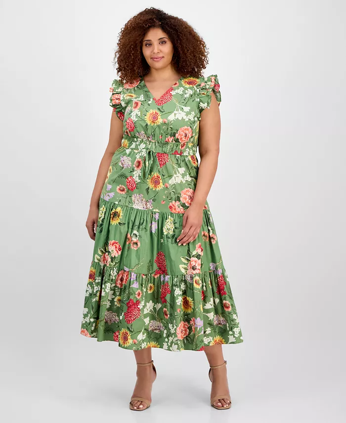 

Платье миди с принтом и завязкой на талии Plus Size Anne Klein, зеленый